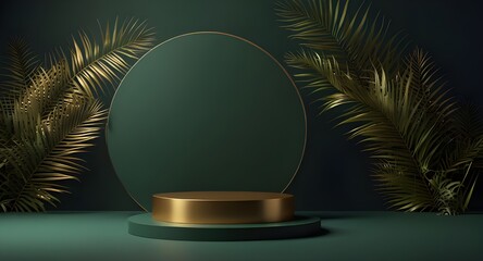Round pedestals, green cylinder, gold palm leaves - 3d render illustration. Sculptural composition for creative advertising. Empty podium, base for product promotion. Luxury dark royal mockup