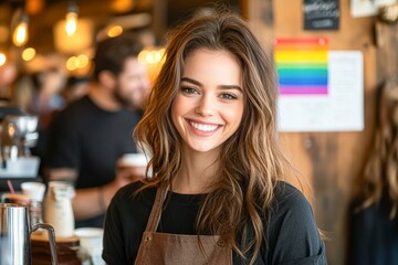 A cheerful barista with long hair and an apron smiles brightly at a cozy coffee shop, Ideal for promoting cafes, service industries, or customer service excellence,