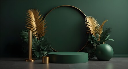 Round pedestals, green cylinder, gold palm leaves - 3d render illustration. Sculptural composition for creative advertising. Empty podium, base for product promotion. Luxury dark royal mockup