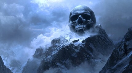 An entrance to a cave shaped like a skull in a dark misty mountain landscape evoking horror and mystery with a sinister atmosphere and concept art that evokes Halloween fantasy and hell.