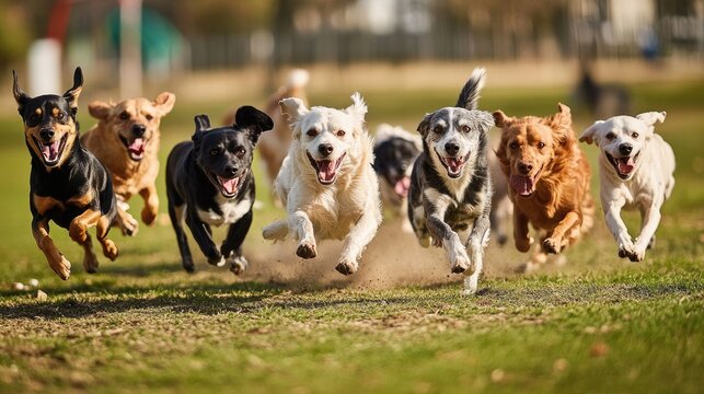 An image of a group of dogs running and playing together in a dog park, showcasing the social interaction and fun of canine companionship.
