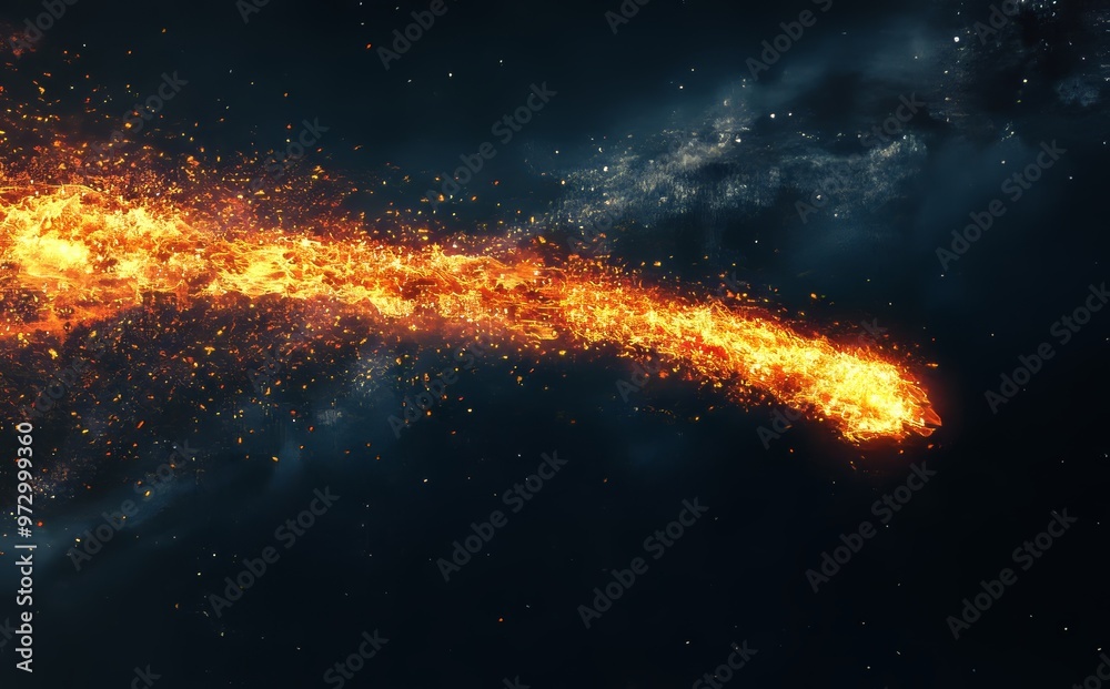 Poster with a glowing trail of flames, a fiery comet or meteor streaks through the stars