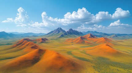 Naklejka premium Aerial view of vibrant orange sand dunes and mountains under blue sky.