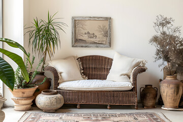 Two seater love seat with Wicker plant pots set against a cream wall with winter scene wall art frame. Generative Ai.