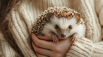 A point-of-view shot of a hedgehog cuddling with its owner, with a happy style and plain background, highlighting the affectionate interaction and the cozy setting 