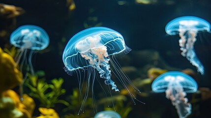 A Blue Bioluminescent Jellyfish With Long Tentacles