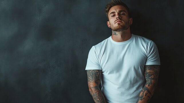A man with a beard and tattoos is wearing a white t-shirt.