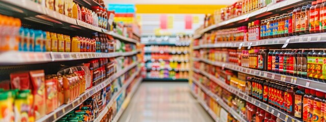 Fototapeta premium Colorful product shelves in a grocery store aisle