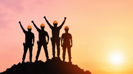 A group of four construction workers are standing on a hill