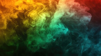 Obraz premium Close-up of colorful smoke in a dense fog, with vivid shades of green, yellow, and red merging and dissipating, creating an eye-catching visual.
