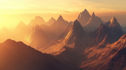 Naklejka premium The sun rising over a mountain range, with the early morning light casting long shadows and illuminating the peaks in warm, golden hues.