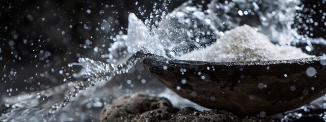 Water splashing dramatically on rice grains in a wooden bowl