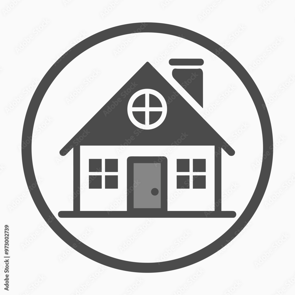 Canvas Prints minimalist icon depicting a house with a chimney and circular window framed by a circle.