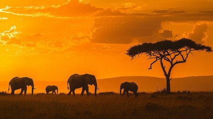 Fototapeta premium A sunset safari scene with an orange sky, silhouettes of elephants and acacia trees creating a dramatic landscape