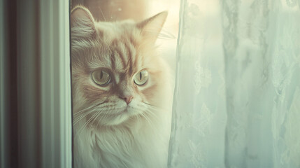 Point-of-view shot of a Persian Cat observing from a window, with an abstract style and pastel background, highlighting the cat’s gaze and the scene outside 