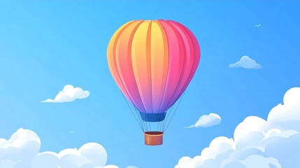 Colorful Hot Air Balloon Soaring Through Blue Sky with Fluffy Clouds