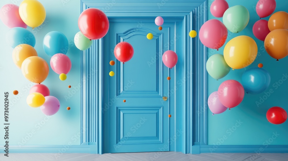 Wall mural colorful balloons floating around a blue door.