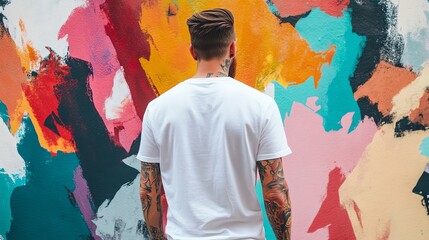 Fototapeta premium A man with tattoos on both arms is wearing a white t-shirt.