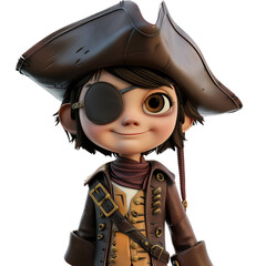 Naklejka premium Adorable cartoon pirate character with an eyepatch and tricorn hat, perfect for children's stories and fantasy-themed designs.