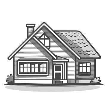 recommend clip art: Monochrome illustration of a cozy house with pitched roof and chimney, surrounded by small bushes.