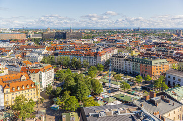 Aerial shot of the Viktualienmarkt in Munich on a sunny day