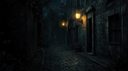 A dimly lit alley with old, flickering street lamps and cobblestone pavement, suggesting a haunted urban tale