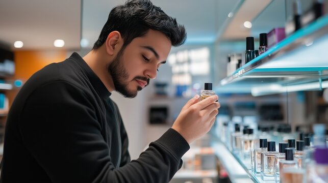 Young man exploring a variety of perfume bottles in a well-lit retail store during the afternoon