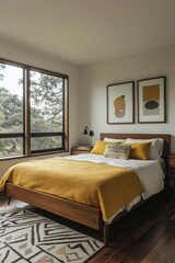 Fototapeta premium A mid-century modern interior photo of a country house bedroom with an art frame hanging and fluffy bed. Generative AI 