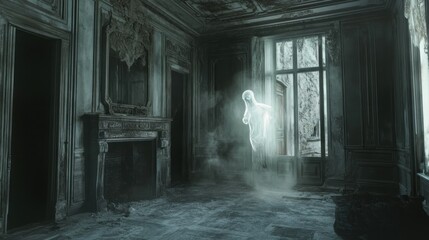 Obraz premium A ghostly apparition appearing in an old mansion, with visual effects used to create a transparent, flickering image that interacts with the physical environment