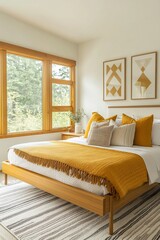 A mid-century modern interior photo of a country house bedroom with an art frame hanging and fluffy bed. Generative AI
