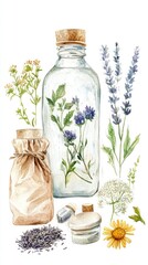 Obraz premium A beautifully arranged collection of glass bottles and herbs showcasing nature's essence in a vibrant, artistic manner.