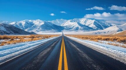 Straight Road Leading to Snowy Mountains Under Clear Blue Skies