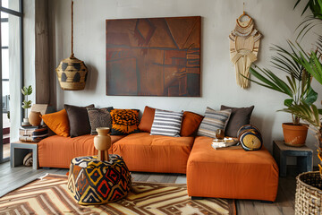 Warm and cozy composition of african living room interior with mock up Mock up. Generative Ai.