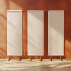 Blank Roll Up Banner Mockup With Orange Wall And Wooden Floor