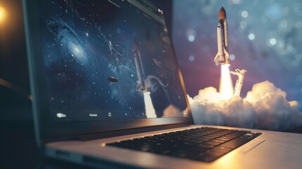 Laptop Displaying a Rocket Launch into Space