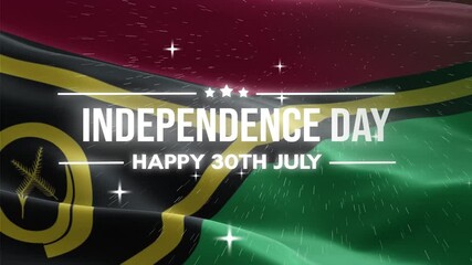 Vanuatu Independence Day, Happy July 30 Lettering text animation, waving flag background, fireworks