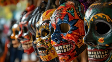 A rack of hand-painted masks featuring traditional Halloween themes at an autumn festival