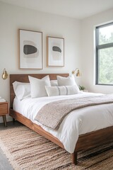 A mid-century modern interior in a white-walled bedroom with an art frame hanging from it. Generative AI