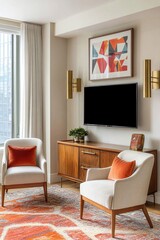 A photo of a mid-century modern interior in a small apartment living room with wood furniture and armchairs and TVs. Generative AI
