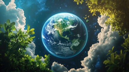 A vibrant Earth with clouds and stars in the night sky, framed by green leaves.