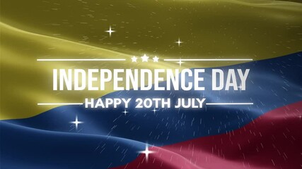Colombia Independence Day, Happy July 20 Lettering text animation, waving flag background, fireworks