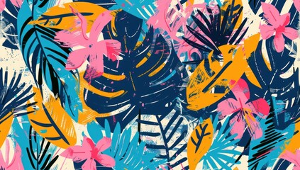 Vibrant tropical foliage pattern with colorful flowers and leaves on a navy blue background