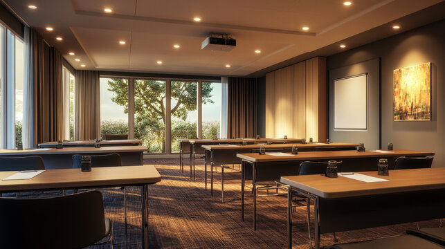 The conference room has ceiling lights with soft, warm-colored bulbs. These bulbs can be either halogen or LED.