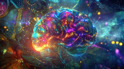 Abstract digital brain glowing with bright lights and surrounded by colorful patterns, set against a vivid nature-inspired abstract art wallpaper