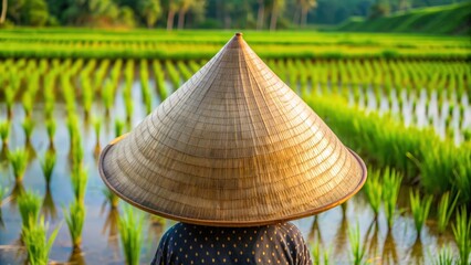 Asian conical straw hat worn by farmers in rice fields, traditional, rural, agriculture, headwear, protection, sun, Asia