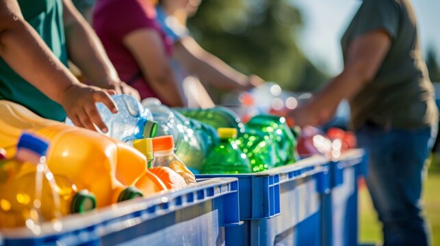 Group of volunteers wearing gloves sorting plastic bottles into recycling bins at an outdoor event.