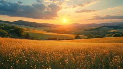 Obraz premium Serene sunset over rolling hills and golden fields.