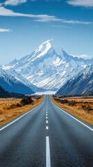 Fototapeta premium Straight Road Leading to Snowy Mountains Under Clear Blue Skies