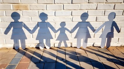 A symbolic paper cutout family, hand-in-hand, casts elongated shadows against a textured brick wall, representing unity and familial bonds in a community setting