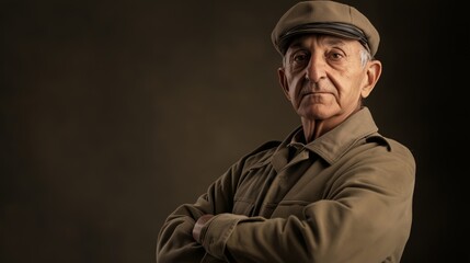 Obraz premium Proud Elderly Male Soldier Wearing Uniform and Cap with Crossed Arms, Studio Portrait